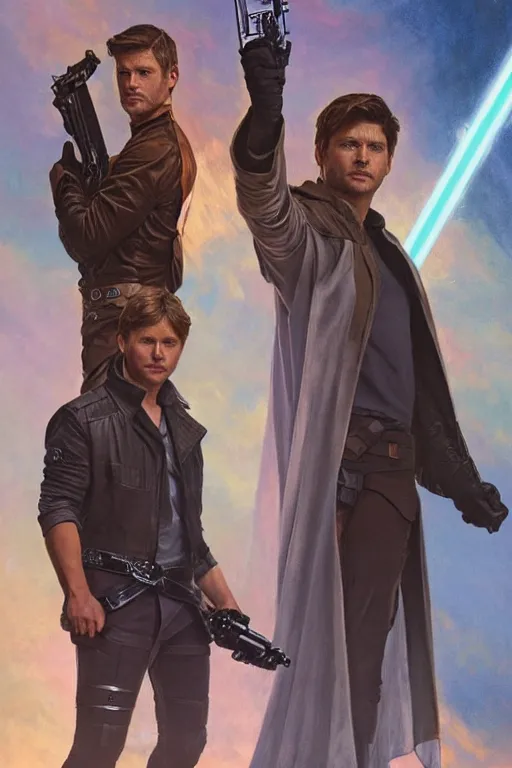 Image similar to a detailed matte picture of jensen ackles dressed as has solo and misha collins as luke skywalker, masterpiece, 8 k, art by alphonse mucha and greg rutkowski