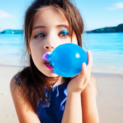 Image similar to girl with blue lips chewing bubble gum on a white sand beach 4k quality super realistic