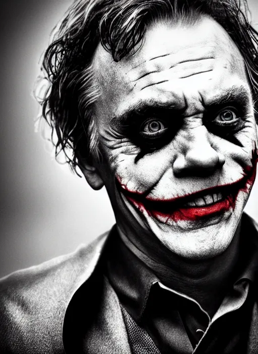 Image similar to photo of Mark Hamill as the Joker by Lee Jeffries, big smile, detailed, award winning, Sony a7R