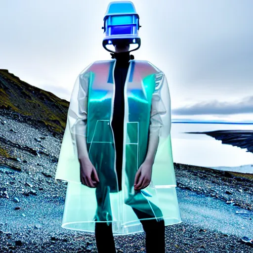 Image similar to an ultra high definition professional studio quality photograph of an artificial celebrity cyberpunk pop star wearing a transparent iridescent perspex pastel coloured face visor and matching raincoat on white coat hook in an icelandic black rock environment. dramatic lighting. volumetric shadows. light rays