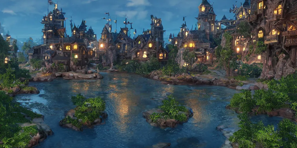 Prompt: beautiful and immersive magical town, magical buildings, bioluminescent forest surrounding, gentle rivers flowing through town, award - winning cinematography - cinematic lighting, dramatic lighting, stunning and beautiful view - unbelievably amazing - highly detailed, hyperrealistic, unreal engine 5, in the style of kingdom hearts and final fantasy