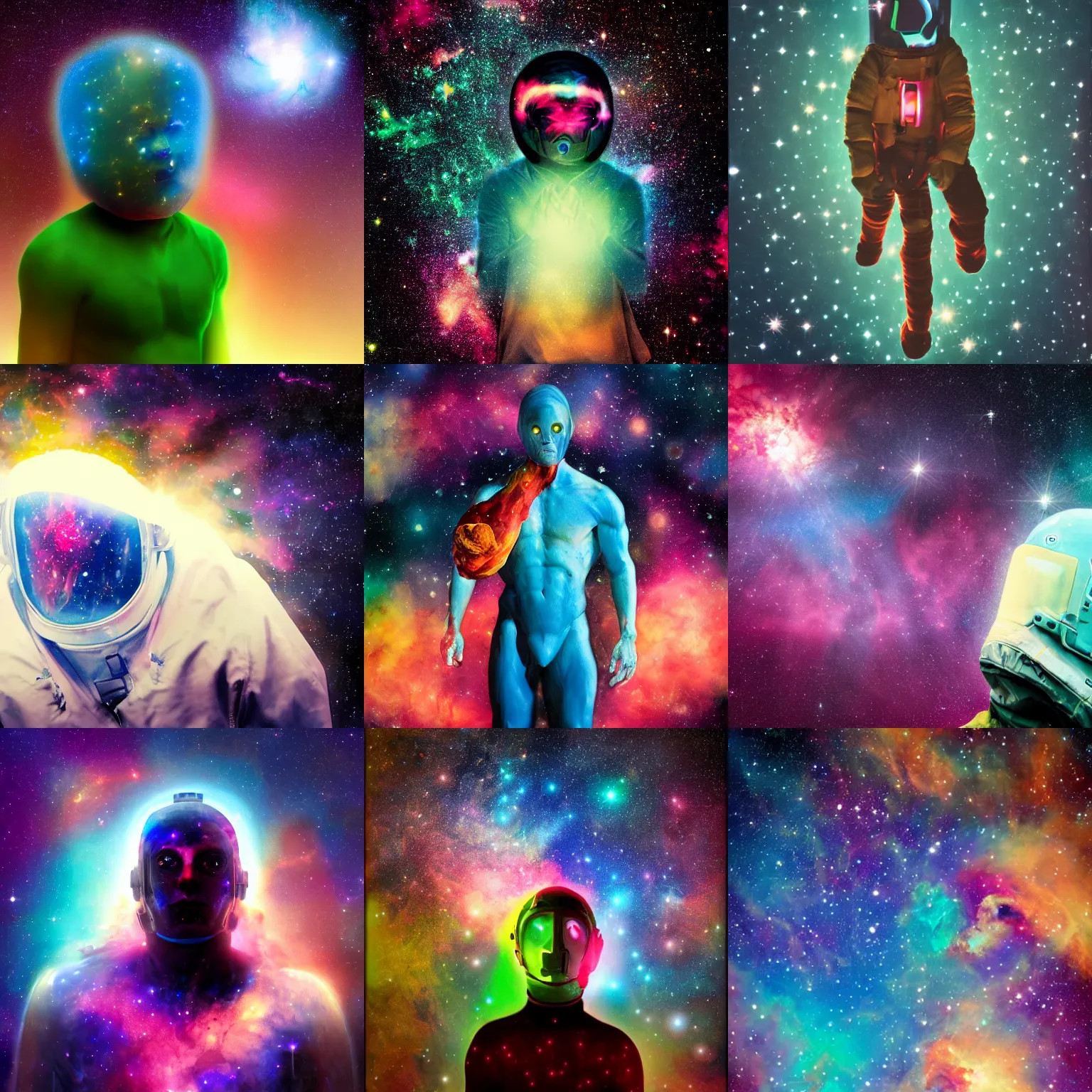Prompt: nebula man floating in space, stars as eyes, astrophotography, colorful