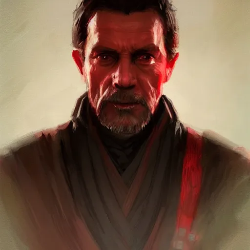 Image similar to portrait of a man by greg rutkowski, royalti jedi knigh, short black hair, star wars expanded universe, he is about 5 0 years old, elegant, prideful, wearing red jedi armor, highly detailed portrait, digital painting, artstation, concept art, smooth, sharp foccus ilustration, artstation hq