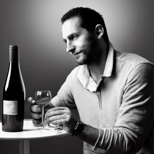 Image similar to portrait of a 3 0 years old frenchman in 2 0 2 0 seated at a table with a bottle of wine. award winning photography, 5 0 mm, studio lighting, black and white, contrasted.