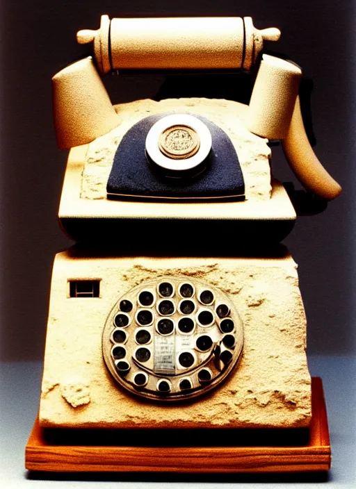 Image similar to realistic photo of a a medieval temple astronomy appliance phone, made of wood white clay fluffy fur black plastic 1 9 9 0, life magazine reportage photo, natural colors, metropolitan museum collection