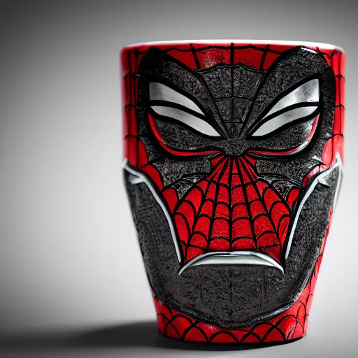 Image similar to a closeup photorealistic photograph of a spider man style tiki mug on a trader vic's bar featuring the face of spider man. tiki theme. bright scene. fine detail. this 4 k hd image is trending on artstation, featured on behance, well - rendered, extra crisp, features intricate detail, epic composition and the style of unreal engine.