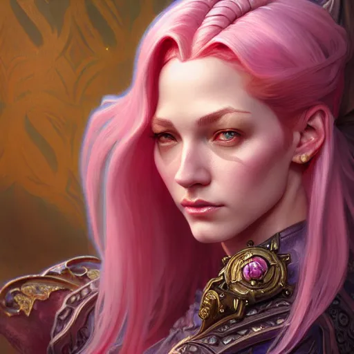 Image similar to aristocrat scowling, female, d & d, fantasy, intricate, elegant, highly detailed, pink hair, digital painting, artstation, octane render, concept art, matte, sharp focus, illustration, hearthstone, art by artgerm, alphonse mucha johannes voss