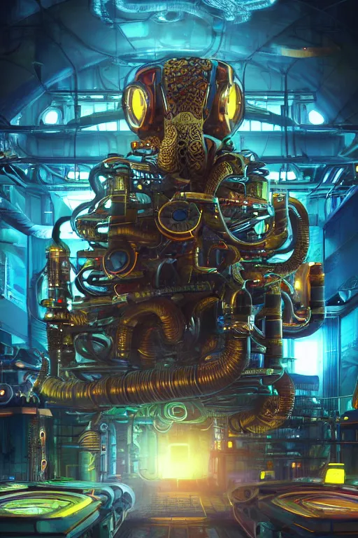 Prompt: portrait of cyberpunk octopus, symmetric, body full glowing vacuum tubes, realistic digital art, 3 d render of two huge futuristic steampunk generators inside a huge steampunk engine, 8 k, fluorescent colors, halluzinogenic, multicolored, exaggerated detailed, unreal engine