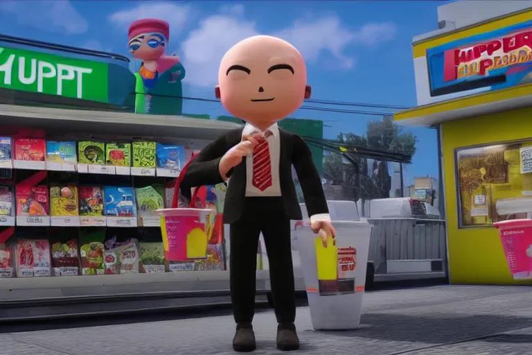 Prompt: agent 4 7 ordering a slurpee at 7 1 1, ps 4 little big planet screenshot