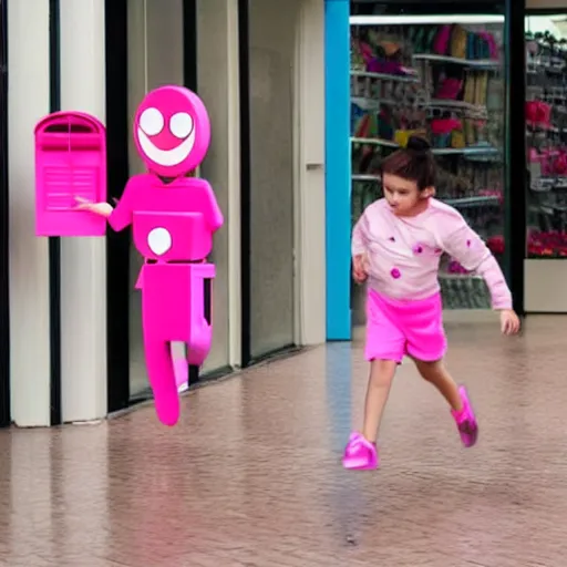 Image similar to a pink letter box with human legs running around in a shopping center