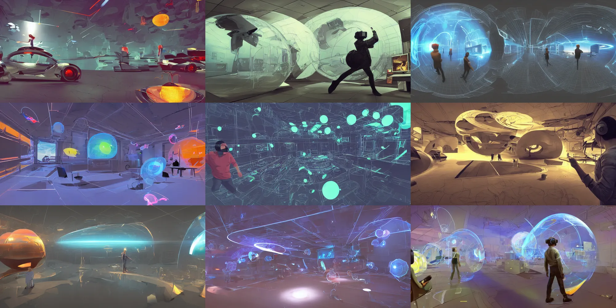 Prompt: VR gameplay screenshot. Realistic depth. Fantastic lighting. Digital illustration artwork drawing cartoon masterpiece. Trending on Artstation, Behance, Pixiv, Deviantart, google images, youtube, reddit.com/r/ by Syd Mead. 3d version of a desktop interface in roomscale. Ideas represented within thought bubbles and symbolic pictograms. Somebody using a holographic 3d mind map within a room-space. User interface. Award-winning. UX/UI. User experience. Natural intuitive expressive. Multi-layered. Graspable. Easy. Complex.