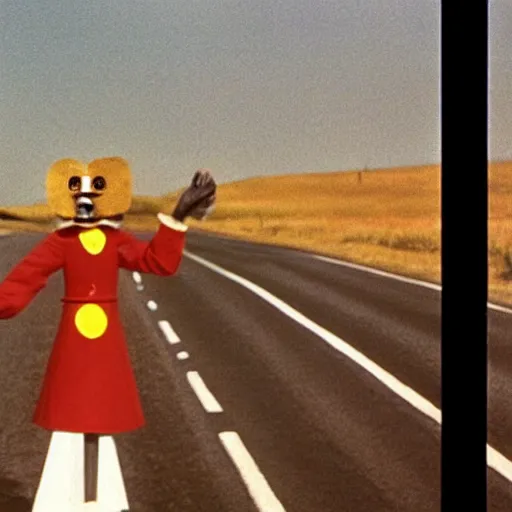 Image similar to Film still of an anthropomorphic tooth hitchhiking across America, Fellini film, 1972