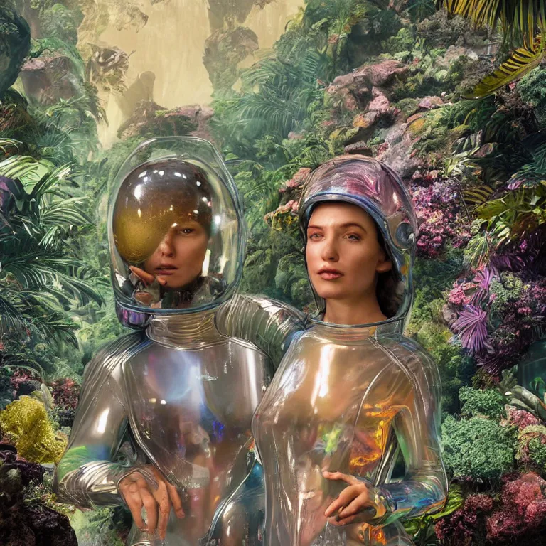 Prompt: octane render portrait by wayne barlow and carlo crivelli and glenn fabry, focus on a woman wearing a clear iridescent plastic spacesuit with intricate iridescent metal helmet, surrounded in colorful tropical alien flora in front of a giant rocky cave opening, cinema 4 d, ray traced lighting, very short depth of field, bokeh