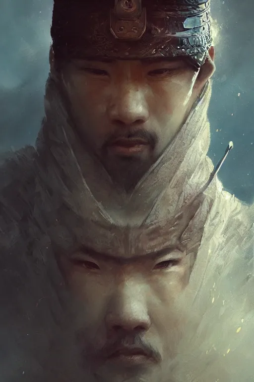 Image similar to samurai warrior, close - up portrait, fierce, intricate, elegant, volumetric lighting, scenery, digital painting, highly detailed, artstation, sharp focus, illustration, concept art, ruan jia, steve mccurry