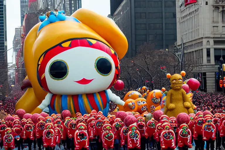Image similar to photo of giant cute elaborate parade float character designed by ( ( ( ( ( ( ( ( giger ) ) ) ) ) ) ) ) and wes anderson!!!!!!!!!!!!!!, in the macys parade, detailed 4 k photo,