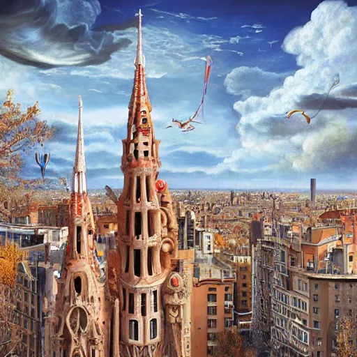 Image similar to city skies hyper realism 8 k by antoni gaudi, arthur adams, rob gonsalves, artgerm