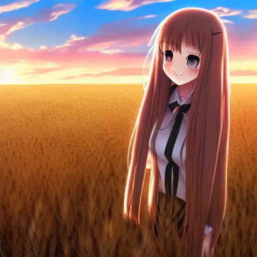 Image similar to Holo from Spice and Wolf standing in a wheat field at sunset, Holo is a wolf girl, high detail, anime key visual, beautiful, 8k resolution, trending on pixiv