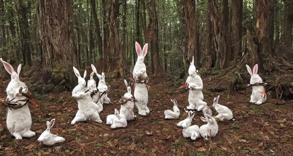 Image similar to shamanic ritual, A group of rabbits performing a shamanic ritual in a forest