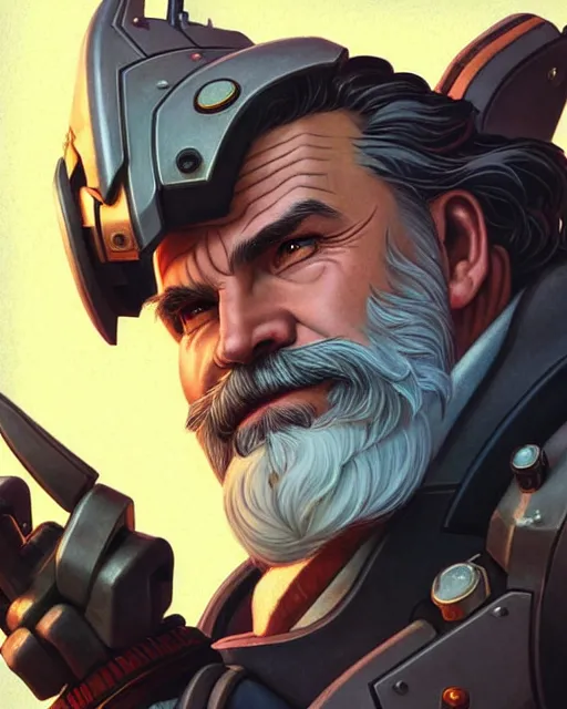 Image similar to reinhardt from overwatch, josh brolin, gray hair and beard, character portrait, portrait, close up, concept art, intricate details, highly detailed, vintage sci - fi poster, vintage sci - fi art, retro future, in the style of chris foss, rodger dean, moebius, michael whelan, and gustave dore