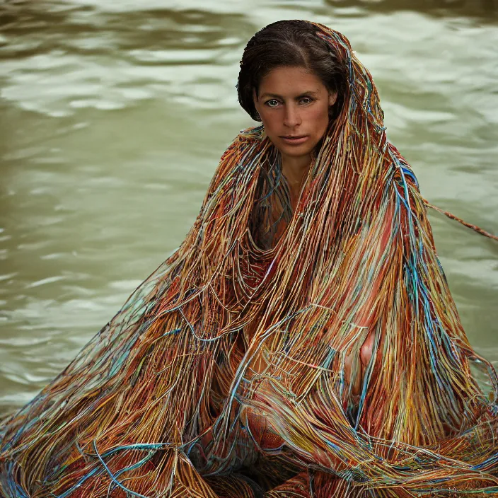 Prompt: closeup portrait of a woman with a cloak made of ribbons and twine, sitting in water, by Annie Leibovitz and Steve McCurry, natural light, detailed face, CANON Eos C300, ƒ1.8, 35mm, 8K, medium-format print