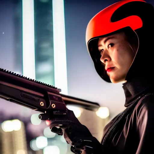 Image similar to photographic portrait of a techwear woman holding a shotgun, holding shotgun down, closeup, on the rooftop of a futuristic city at night, sigma 85mm f/1.4, 4k, depth of field, high resolution, full color, award winning photography, inspired by Kill Bill, inspired by John Wick, inspired by Die Hard, movies with guns, movie firearms