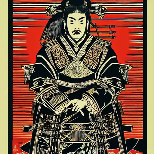 Image similar to an epic detailed political poster of a Japanese samurai in a temple, with Japanese text, high quality, intricate, detailed, 4k, by Shepard Fairey