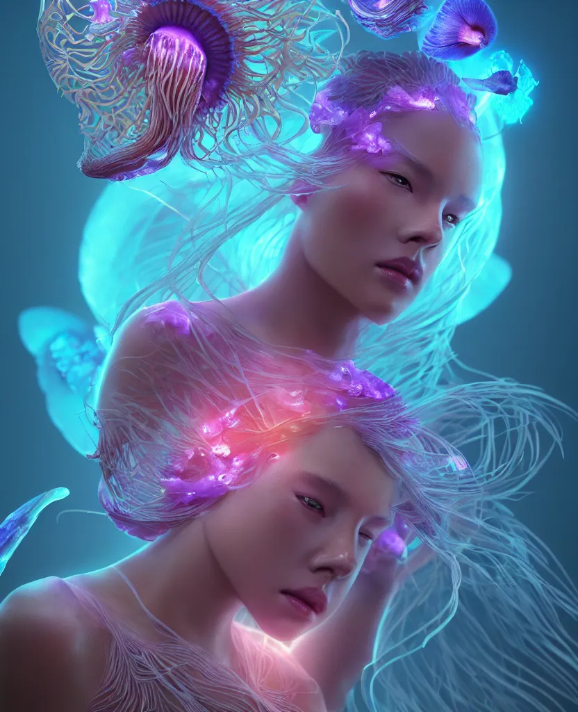 Image similar to goddess close-up portrait. jellyfish phoenix head, nautilus, orchid, skull, betta fish, bioluminiscent creatures, intricate artwork by Tooth Wu and wlop and beeple. octane render, trending on artstation, greg rutkowski very coherent symmetrical artwork. cinematic, hyper realism, high detail, octane render, 8k