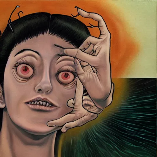 Prompt: surreal oil painting of a woman being hypnotized by Junji Ito