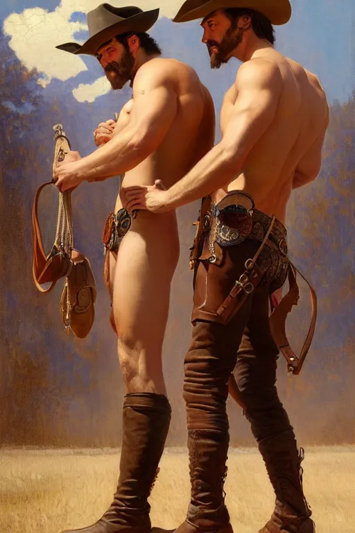 Prompt: a homoerotic symmetrical painting by clyde aspevig, greg rutkowski, gaston bussiere, j. c. leyendecker of attractive hairy gunslinger and handsome cowboy, they are in love standing back to back | bandoliers, shirtless, leather clothing | natural lighting, path traced, highly detailed, high quality, trending on artstation