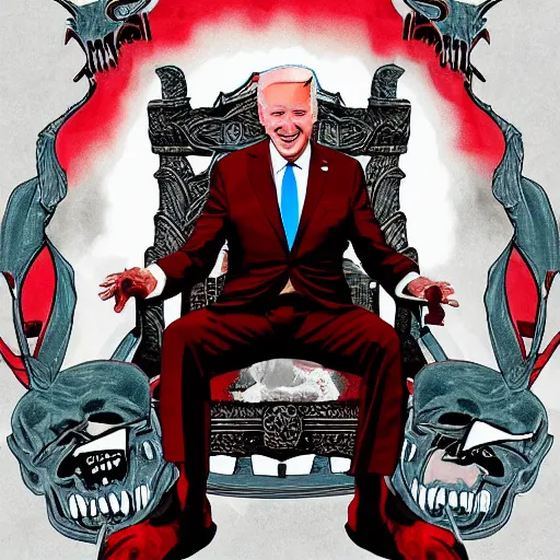 Image similar to Demon Joe Biden sitting on a throne of skulls, digital painting