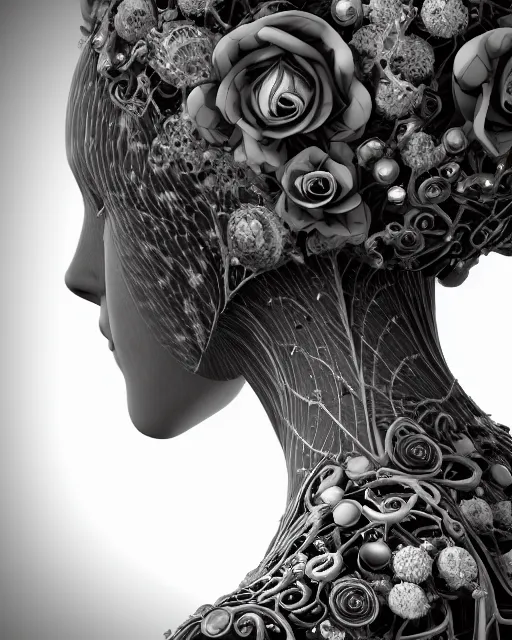 Image similar to mythical dreamy black and white organic bio - mechanical spinal ribbed profile face portrait detail of translucent steampunk beautiful female angelic - human - queen - vegetal - cyborg, highly detailed, intricate crystal ivy jelly ornate, poetic, translucent roses ornate, 3 d render, digital art, octane render, 8 k artistic photography, photo - realistic, by dora maar