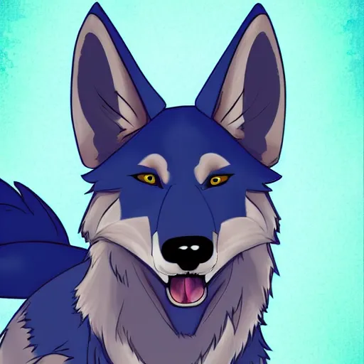 Image similar to an anthro furry fursona hybrid of a blue german shepherd and a blue fox, with blue fur and blue eyes, award winning digital art, trending on furaffinity, artstation, pixiv