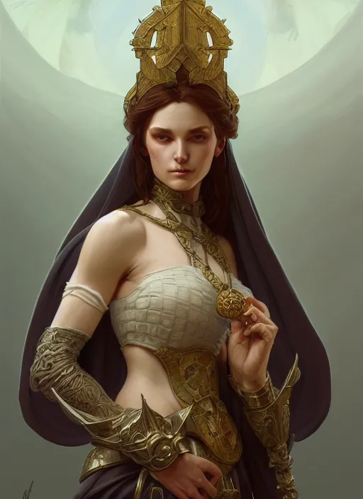 Prompt: medieval intriguing goddess, rpg character, intricate, elegant, highly detailed, digital painting, artstation, concept art, smooth, sharp focus, illustration, art by artgerm and greg rutkowski and alphonse mucha, 8 k