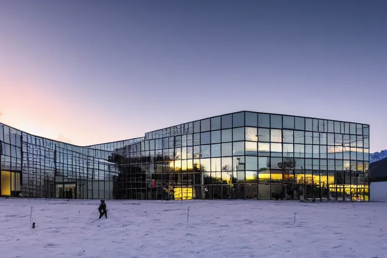 Image similar to architecture photo modern fachwerk school with Elbrus mountain on the background, architecture, photorealism 8k , shining and happy atmosphere, uplight, high details