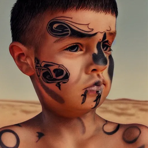 Image similar to a detailed portrait of a boy with a face tattoo in the desert, art illustration, incredibly highly detailed and realistic, 8 k, sharp focus
