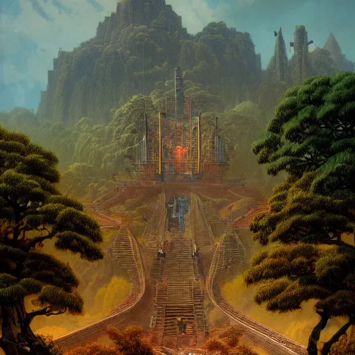 Prompt: fief of relentless autodidact labor yoke, where four gates and maze of lance tree resides, in the style of bruce pennington and jeff east, 8 k resolution,
