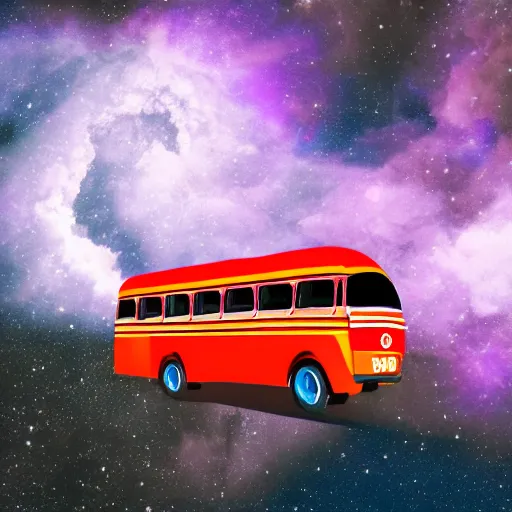 Image similar to Soviet era bus in space in front of a purple nebula