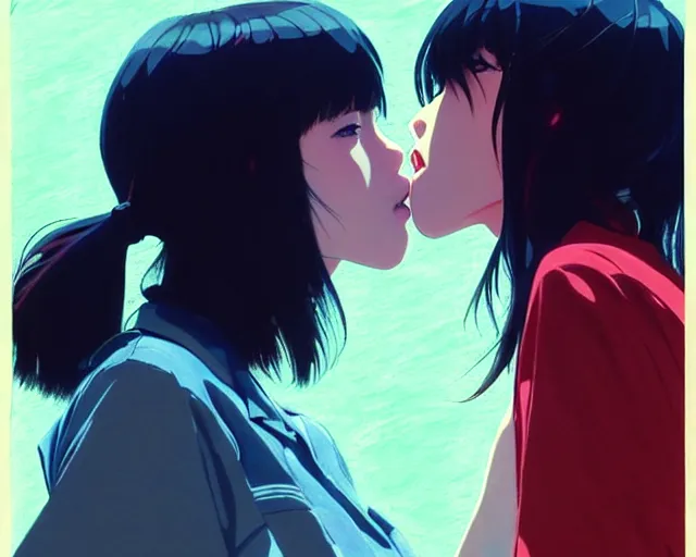 Prompt: two girls kissing | very very anime!!!, fine - face, audrey plaza, realistic shaded perfect face, fine details. anime. realistic shaded lighting poster by ilya kuvshinov katsuhiro otomo ghost - in - the - shell, magali villeneuve, artgerm, jeremy lipkin and michael garmash and rob rey