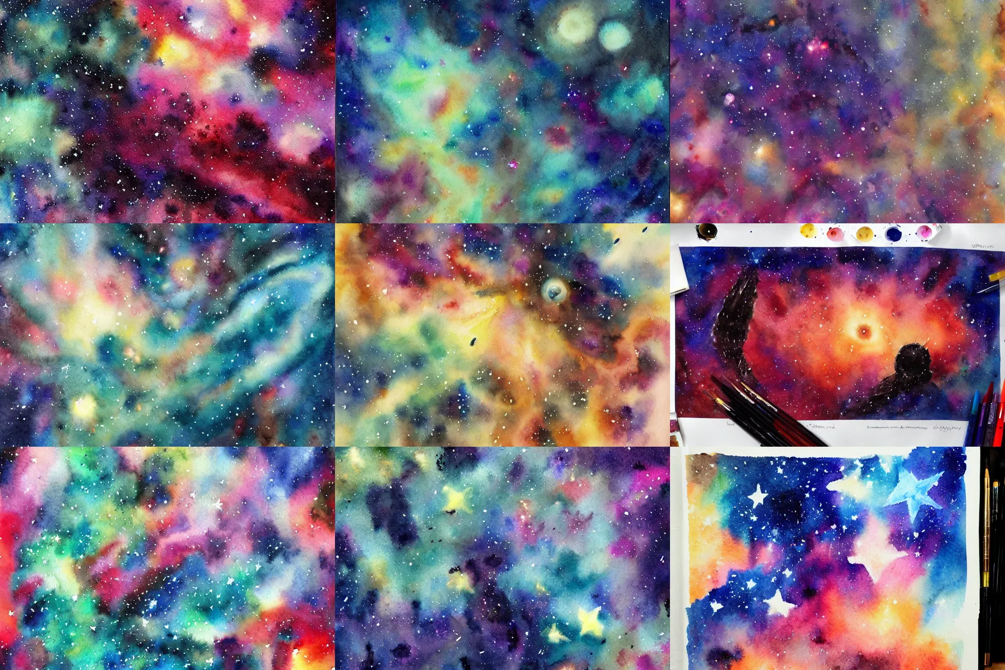 Prompt: Stars and galaxies, high quality watercolors, award winning, trending on ArtStation