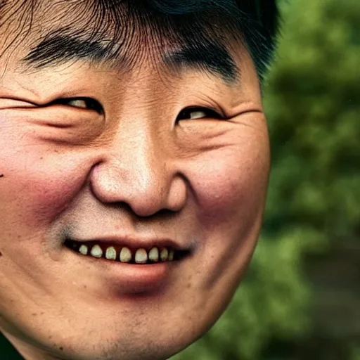 Image similar to colour araki nobuyoshi style close - up photography of detailed north korean kim chen with detailed smiling face, smelling detailed weed bush