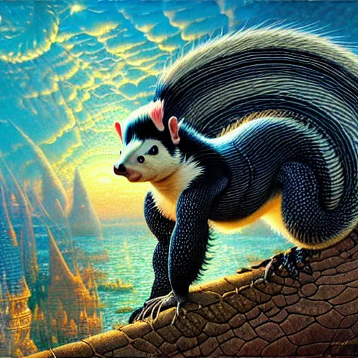 Prompt: ' skunk crossed with snake ', visionary insanely detailed intricate and beautiful stunning winning art, trending top art, masterpiece by arthur adams, thomas kinkade, igor zenin, gilbert williams, bruce pennington, martin johnson heade, andreas franke, andreas achenbach, yoshitaka amano, guy billout, artur bordello, michael cheval