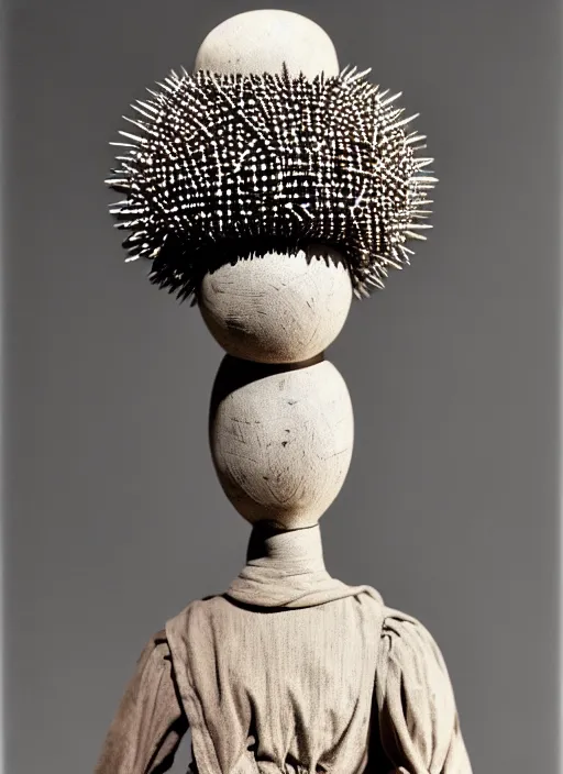 Prompt: realistic photo of a a medieval wooden girl doll sculpture dressed white spherical hat helmet, covered in spikes pattern, black brushwood, greyscale grain 1 9 6 0, life magazine photo, natural colors, metropolitan museum, kodak