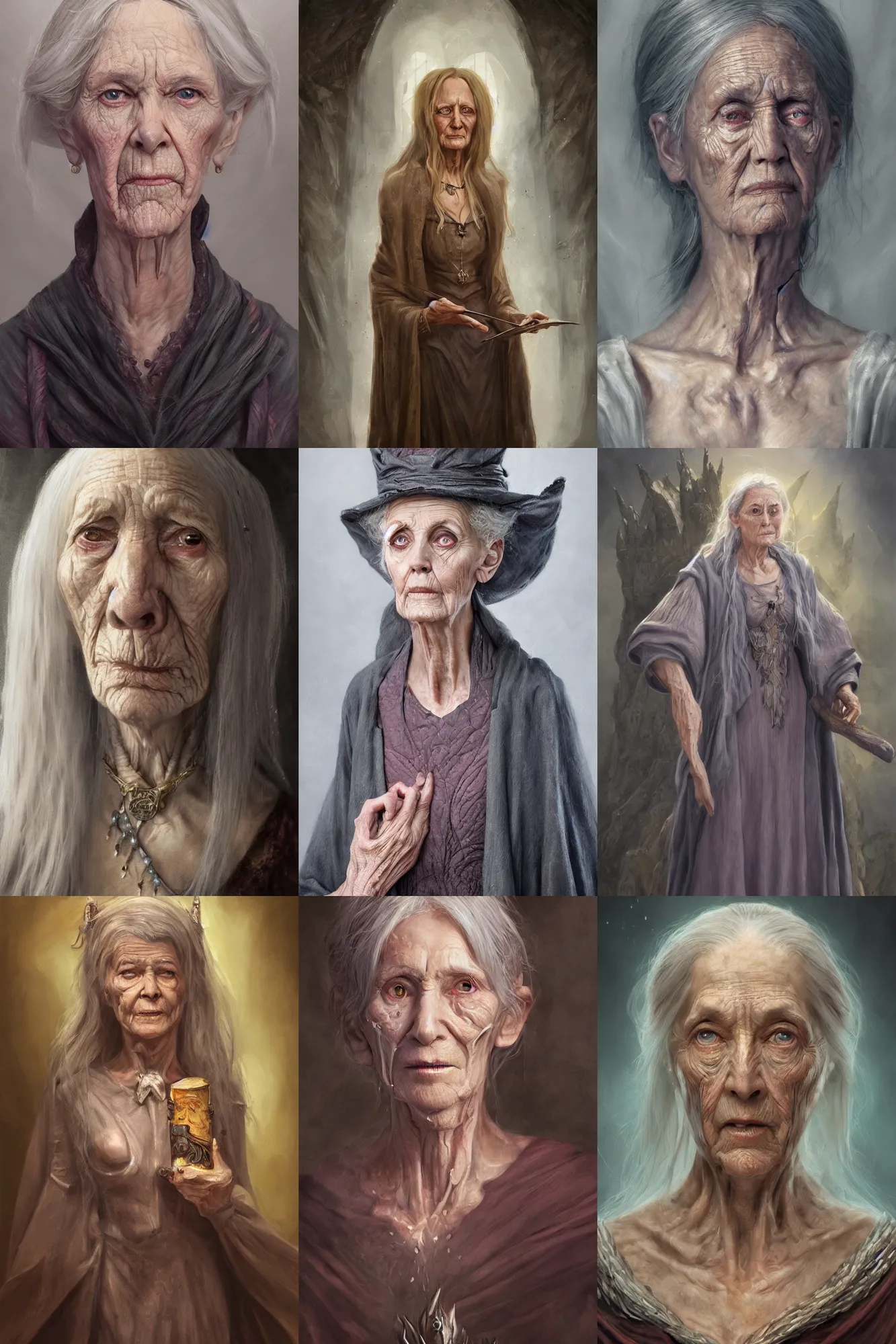 Prompt: a full body high detail fantasy portrait oil painting illustration of a single old elegant wizard woman by Justin Sweet with face and body clearly visible, pupils visible, realistic proportions, d&d, rpg, forgotten realms, artstation trending, high quality, sombre mood, artstation trending, muted colours, no crop, entire person visible!,