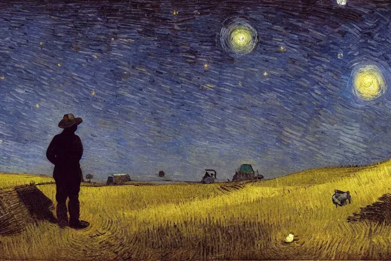 Image similar to a farmer looking at the night sky with clouds and stars, colorful, beautiful, national geographic, very detailed, astrophotography, cinematic lighting, oil painting, canvas, Theodor Kittelsen, Hermann Hendrich, Vincent van Gogh