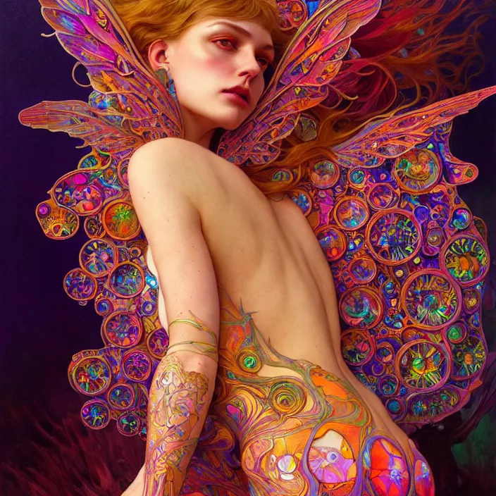 Prompt: bright psychedelic portrait of organic cyborg wings, diffuse lighting, fantasy, intricate, elegant, highly detailed, lifelike, photorealistic, digital painting, artstation, illustration, concept art, smooth, sharp focus, art by John Collier and Albert Aublet and Krenz Cushart and Artem Demura and Alphonse Mucha