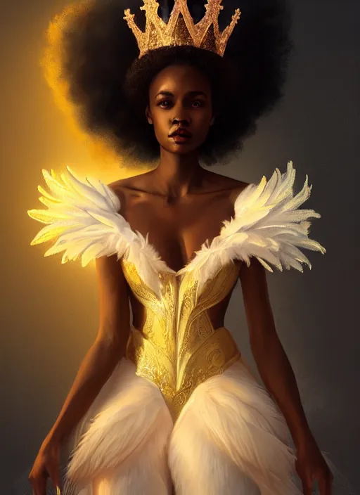 Prompt: full body portrait of beautiful black woman as the swan queen, glowing crown, beautiful flowy feathered gown, beautiful baroque lace detail, highly detailed, digital painting, artstation, concept art, smooth, sharp focus, illustration, face by wlop, illustrated by mars ravelo and greg rutkowski