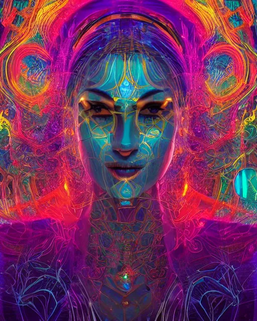 Image similar to a powerful energy psychedelic matrix priestess, by alexander fedosav, hyper detailed digital matte painting, concept art, hyperrealism, 1 6 k resolution, cinema 4 d, 8 k resolution, trending on artstation, behance hd, a masterpiece, by stephan martiniere, particles, cel - shaded, power bright neon energy, by david a. hardy,