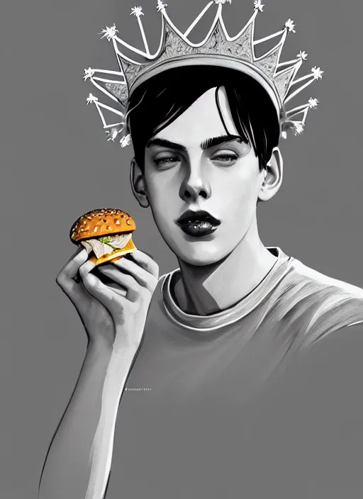 Image similar to portrait of teenage jughead jones wearing a light grey crown, crown, eating hamburger, eyes closed, crown, black hair, intricate, elegant, glowing lights, warm lighting, highly detailed, digital painting, artstation, concept art, smooth, sharp focus, illustration, art by wlop, mars ravelo and greg rutkowski