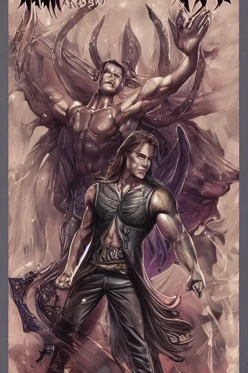 Image similar to muscular sam winchester as a mage tattooed in the cover of an acotar book, sarah j. maas, d & d!, fantasy style, sharp focus!, ultra detailed, art by artgerm, wlop, ilya kuvshinov