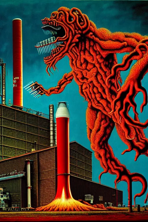 Image similar to a hyperrealistic detailed painting of a code red emergency at the nuclear power plant, radioactive chimeric radiation monster eating the laboratory, action horror by chris cunningham and richard corben, highly detailed, vivid color,